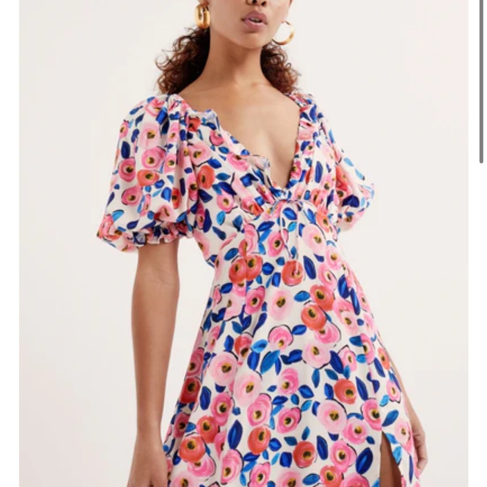 For Love And Lemons Gianna Floral Midi Dress with Puff Sleeves